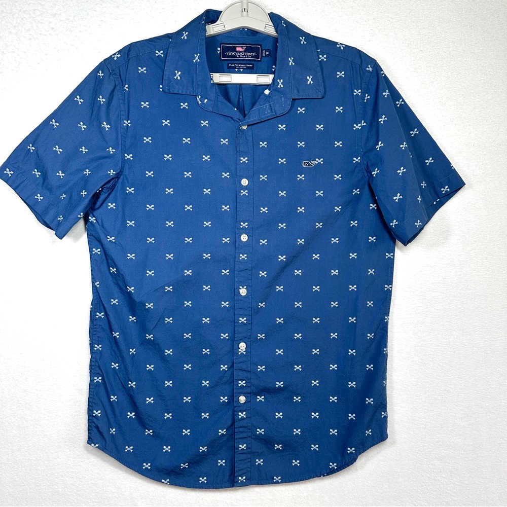Vineyard Vines Slim Fit Whale Shirt M Blue Fishbone Print Short Sleeve Casual